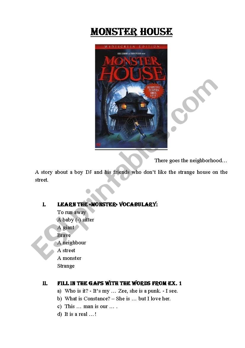 Monster House worksheet