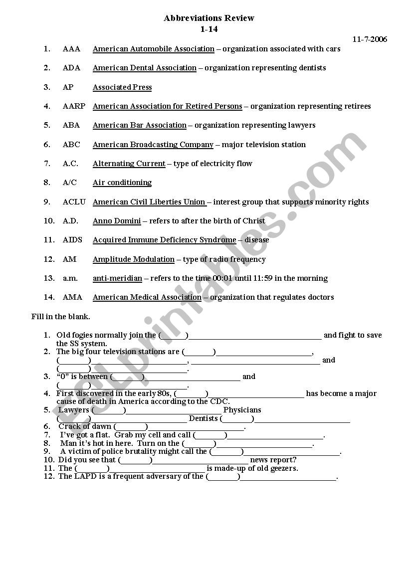 Common American abbreviations worksheet