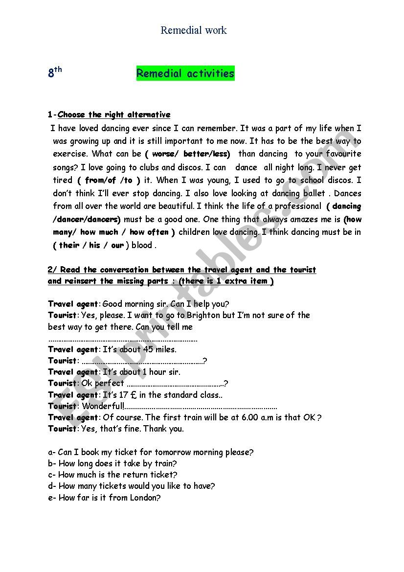 remedial activities worksheet