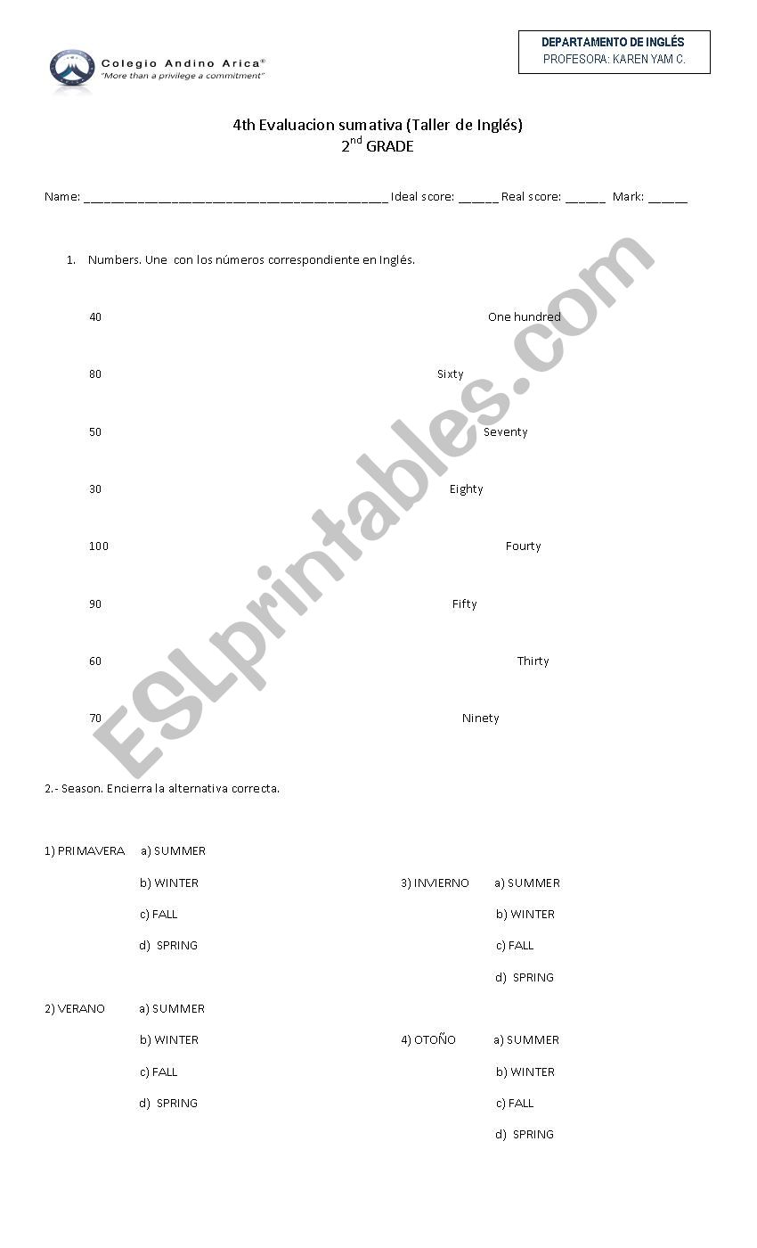 Sesons worksheet