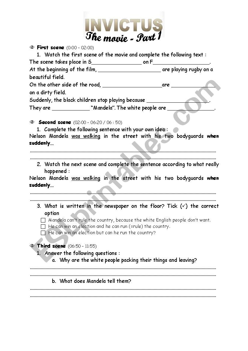 Invictus The movie Part 1 (Nelson Mandela´s life) Very detailed ESL worksheet by mmedugazon