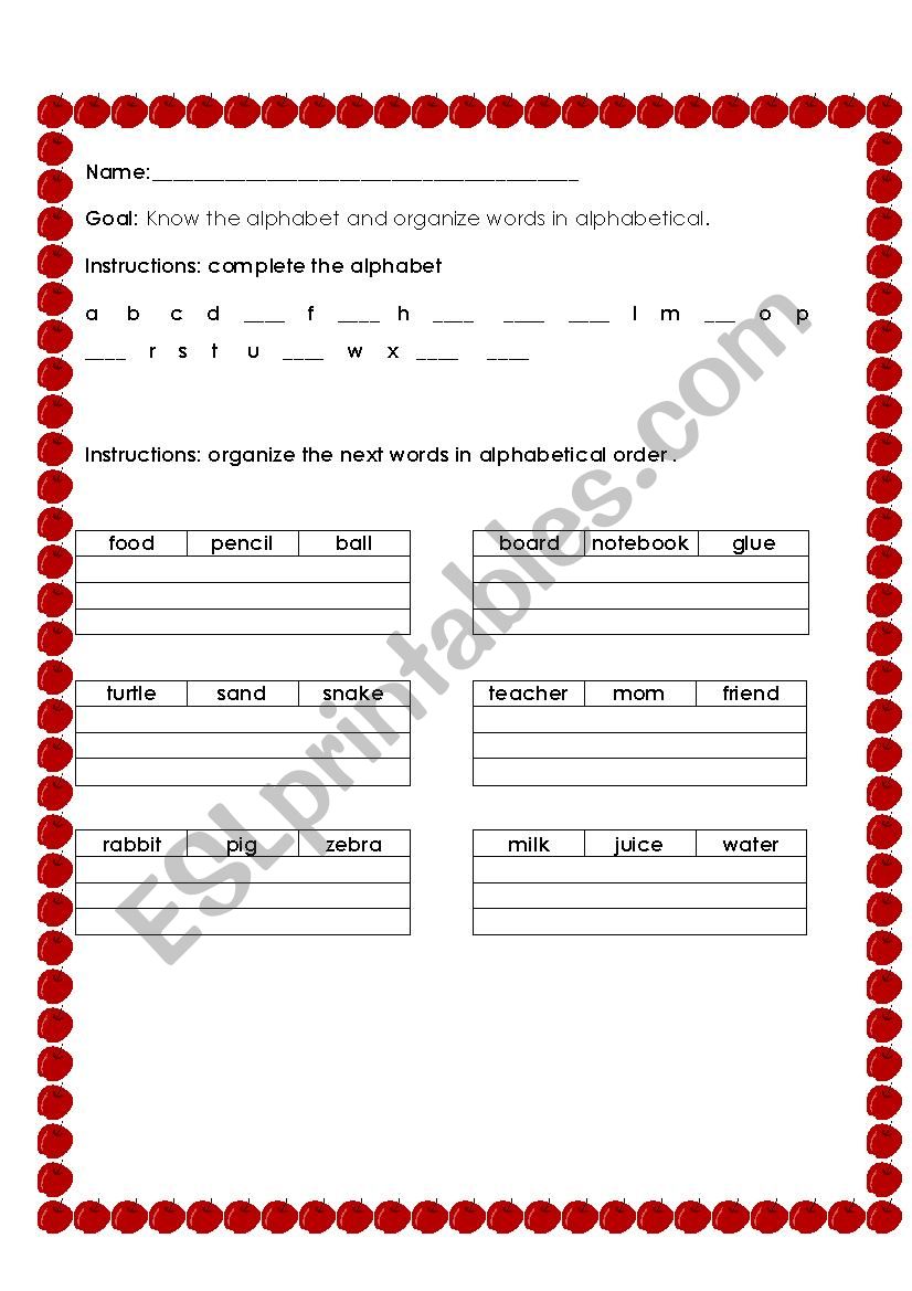 ABC ORDER EXERCISE worksheet