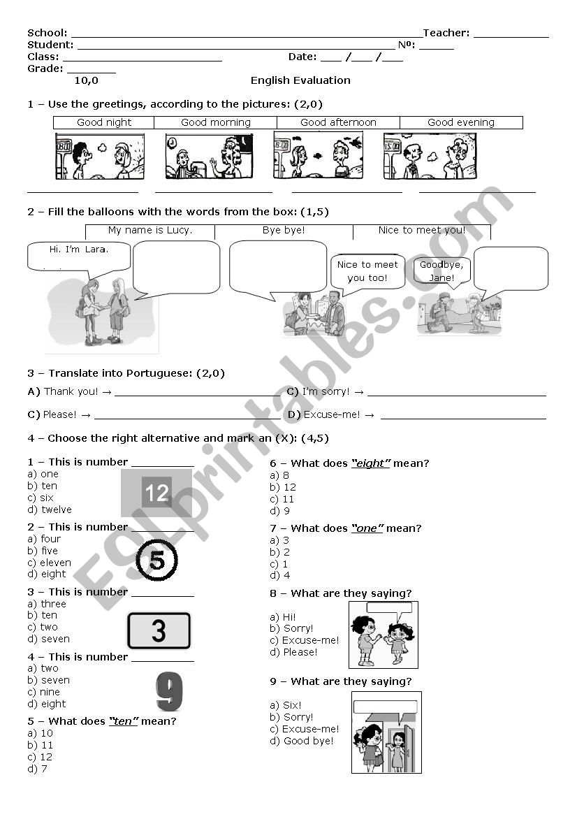 Test on greetings and numbers from 1 to twelve