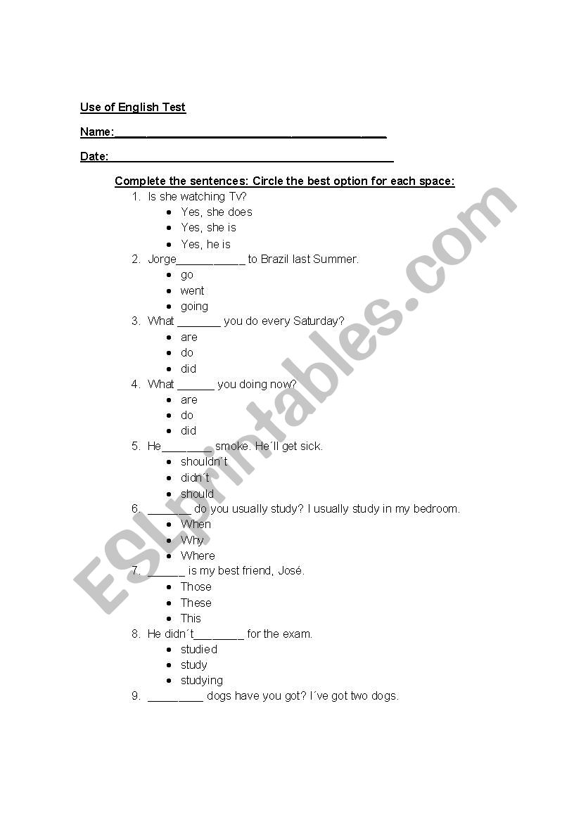 Use of English Test worksheet