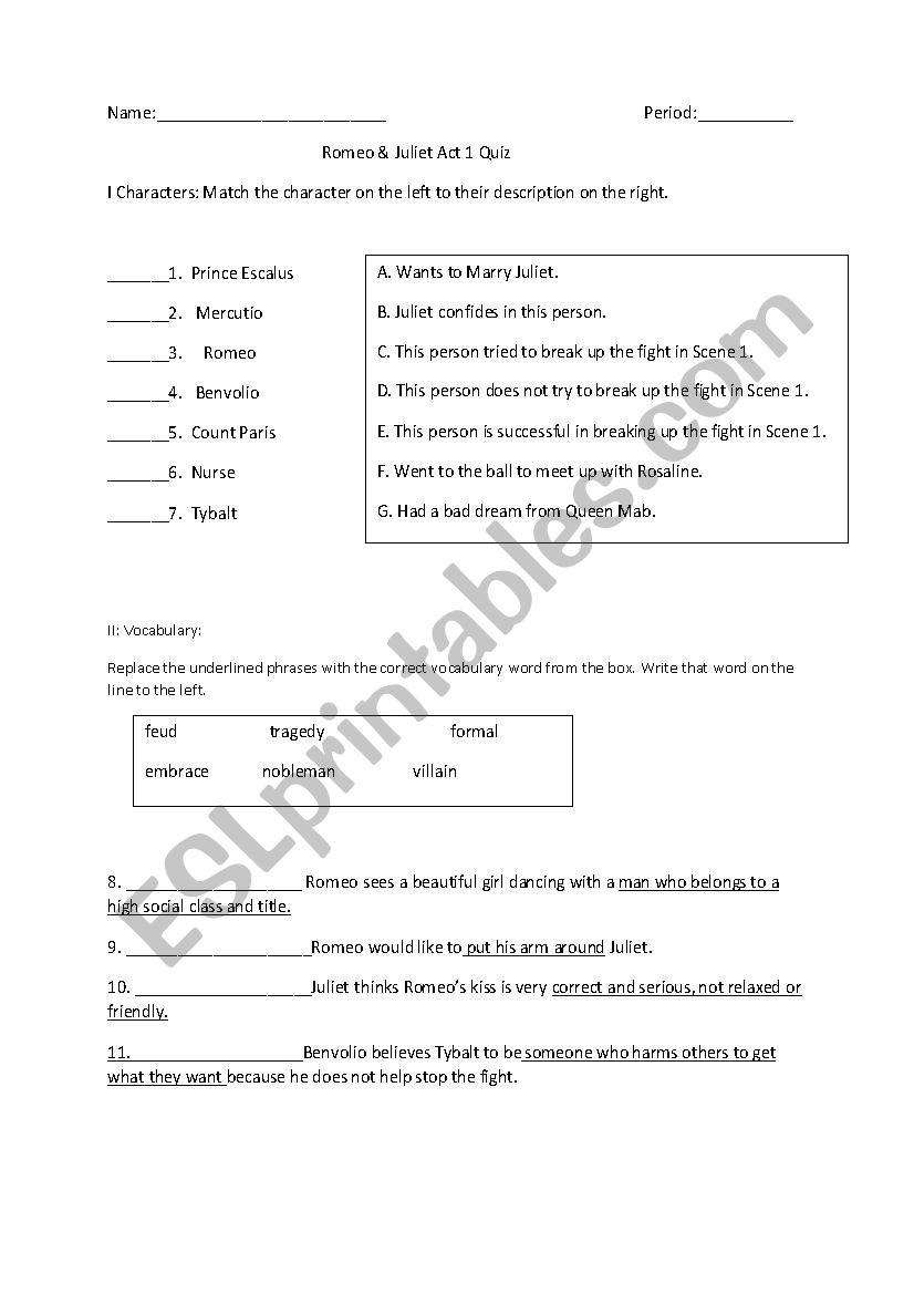 Romeo and Juliet Act 1 Quiz worksheet