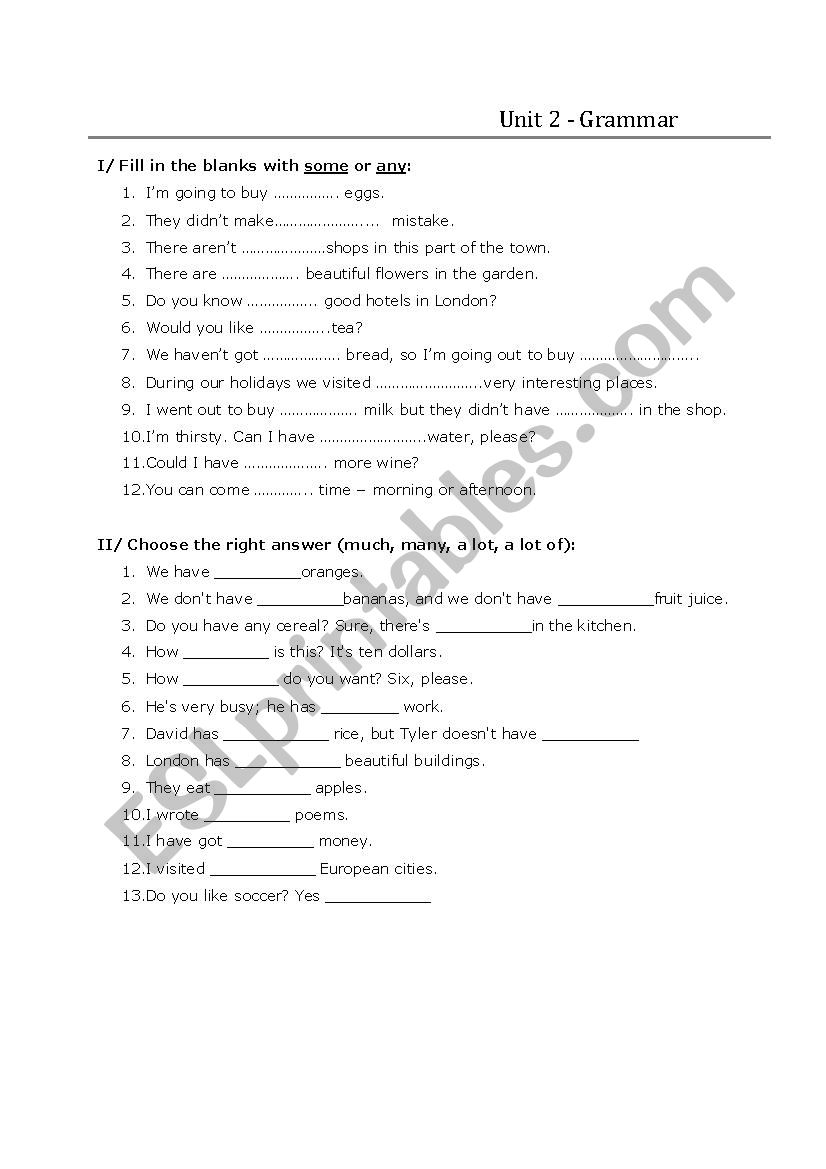 Some, Any, Many, Much worksheet