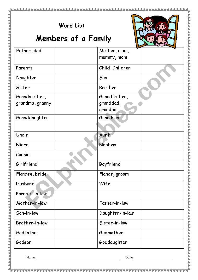 family members worksheet