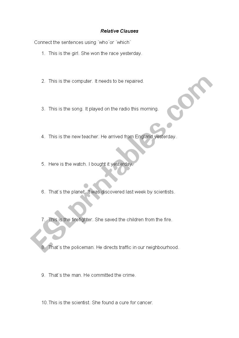 Relative Clauses worksheet