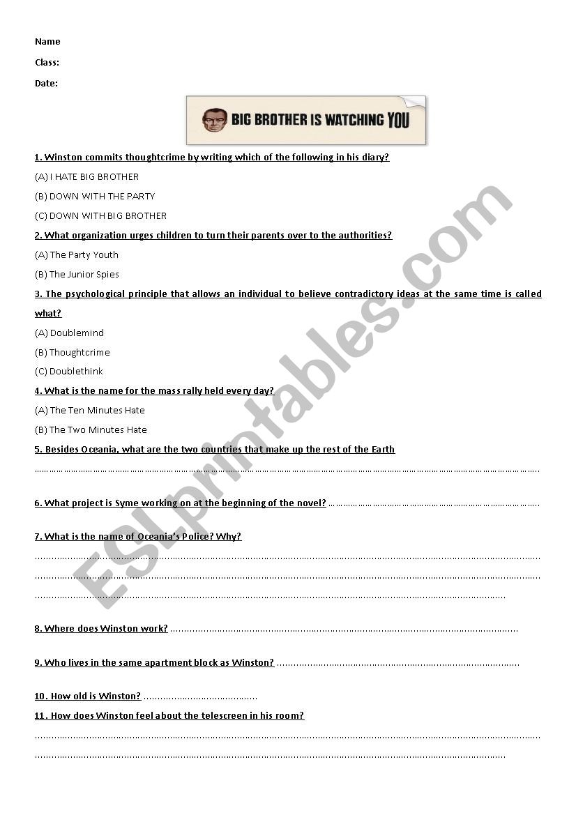 George Orwell 1984 test worksheet