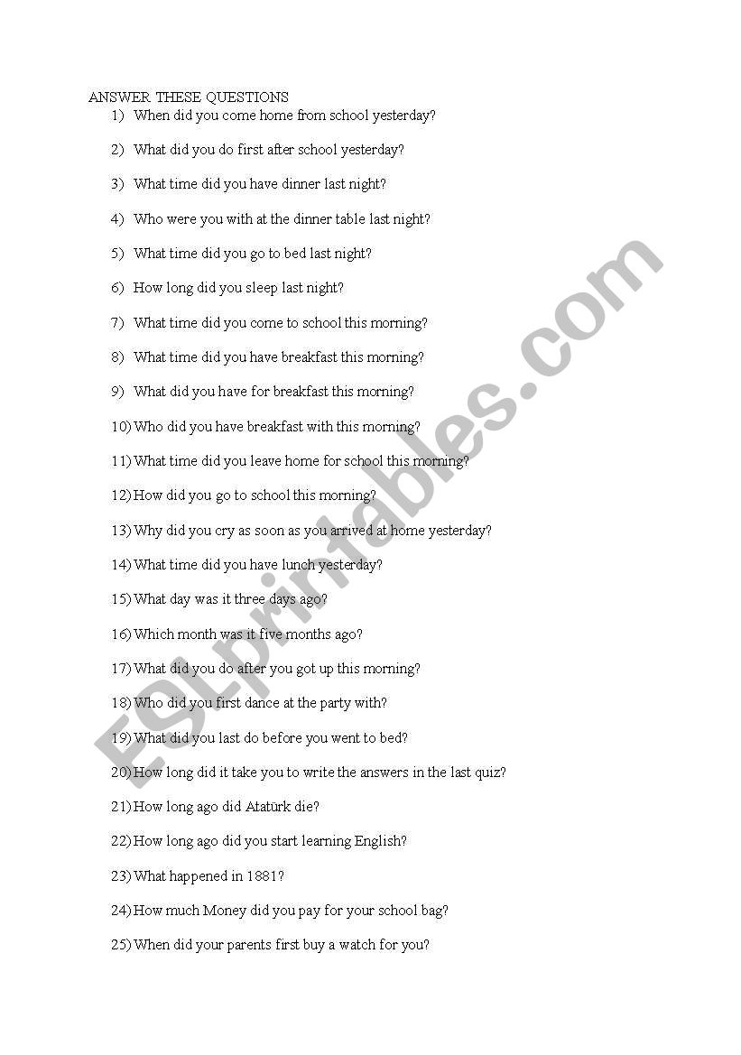 past simple,questions worksheet