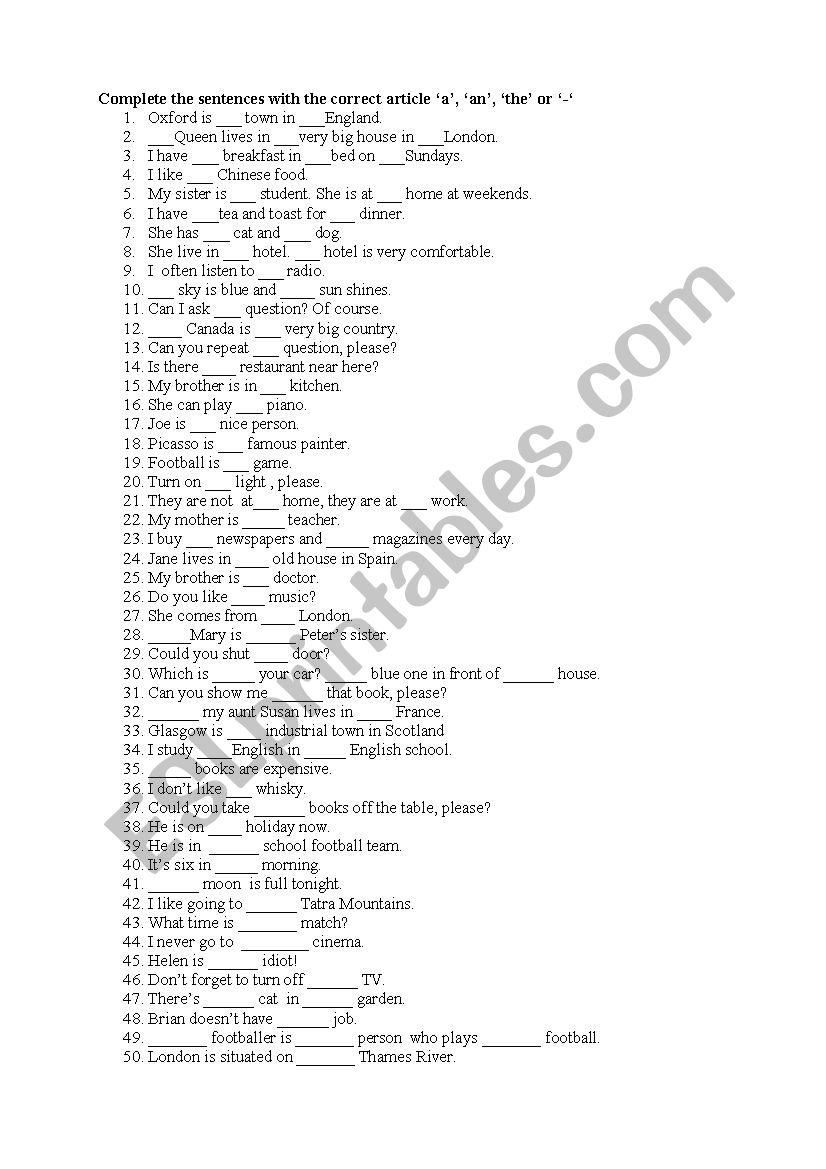 Articles  worksheet