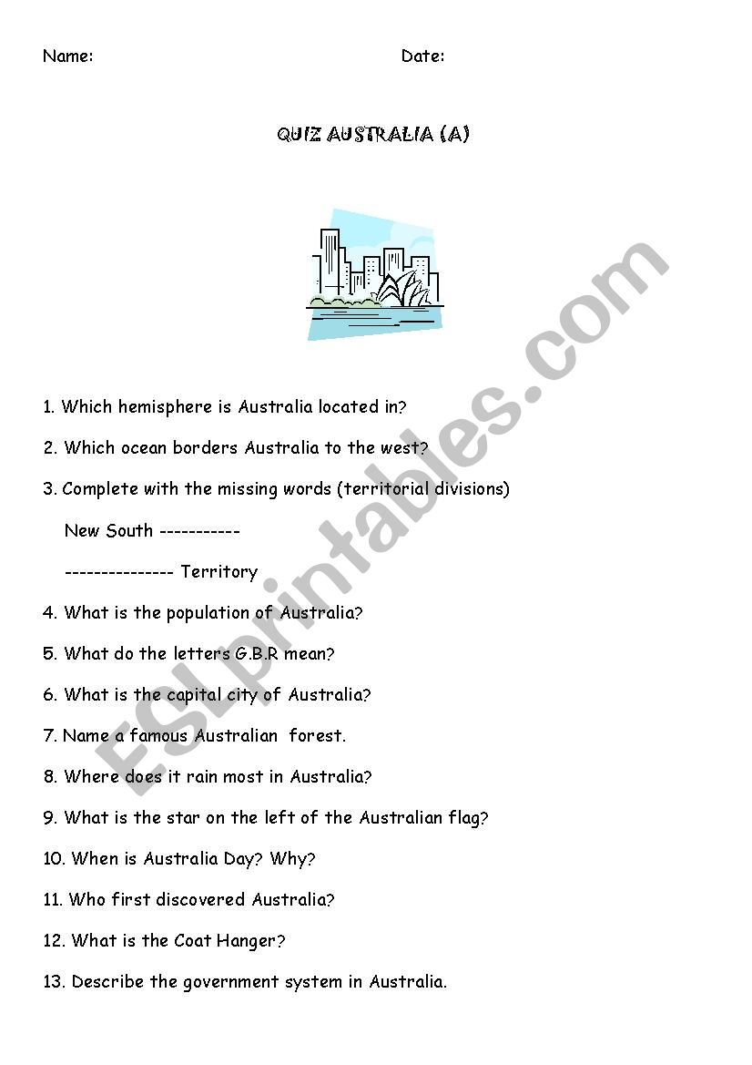 Quiz Australia worksheet