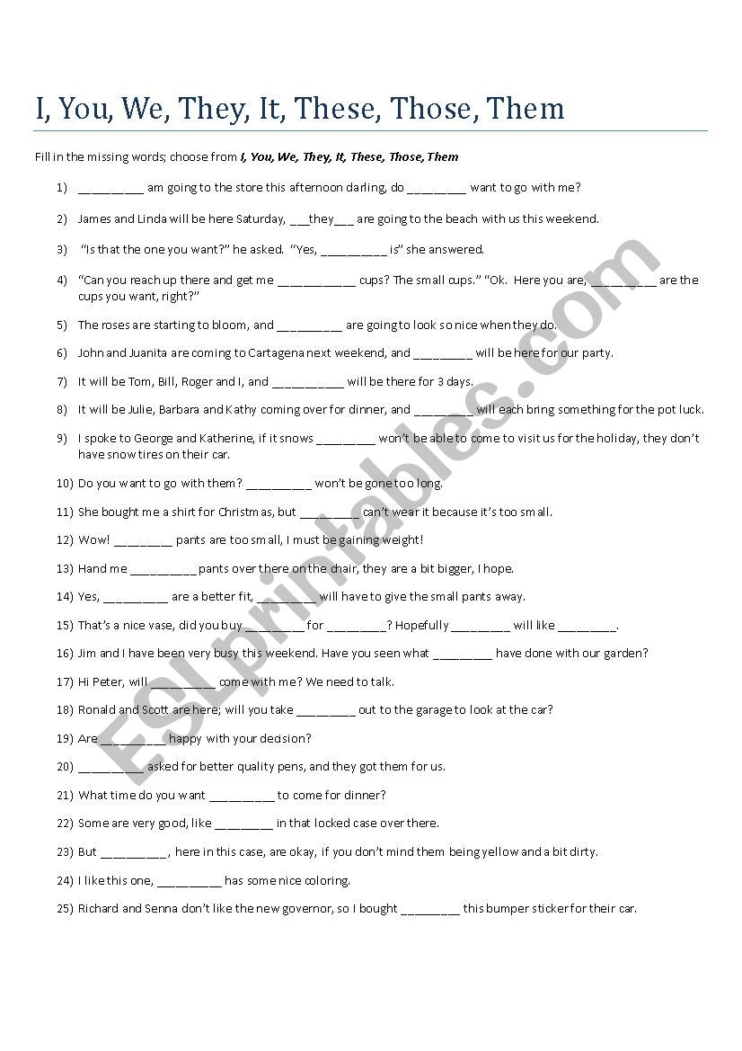 Pronouns worksheet w/answers sheet