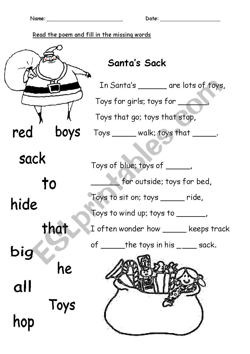 Santas Sack worksheet worksheet