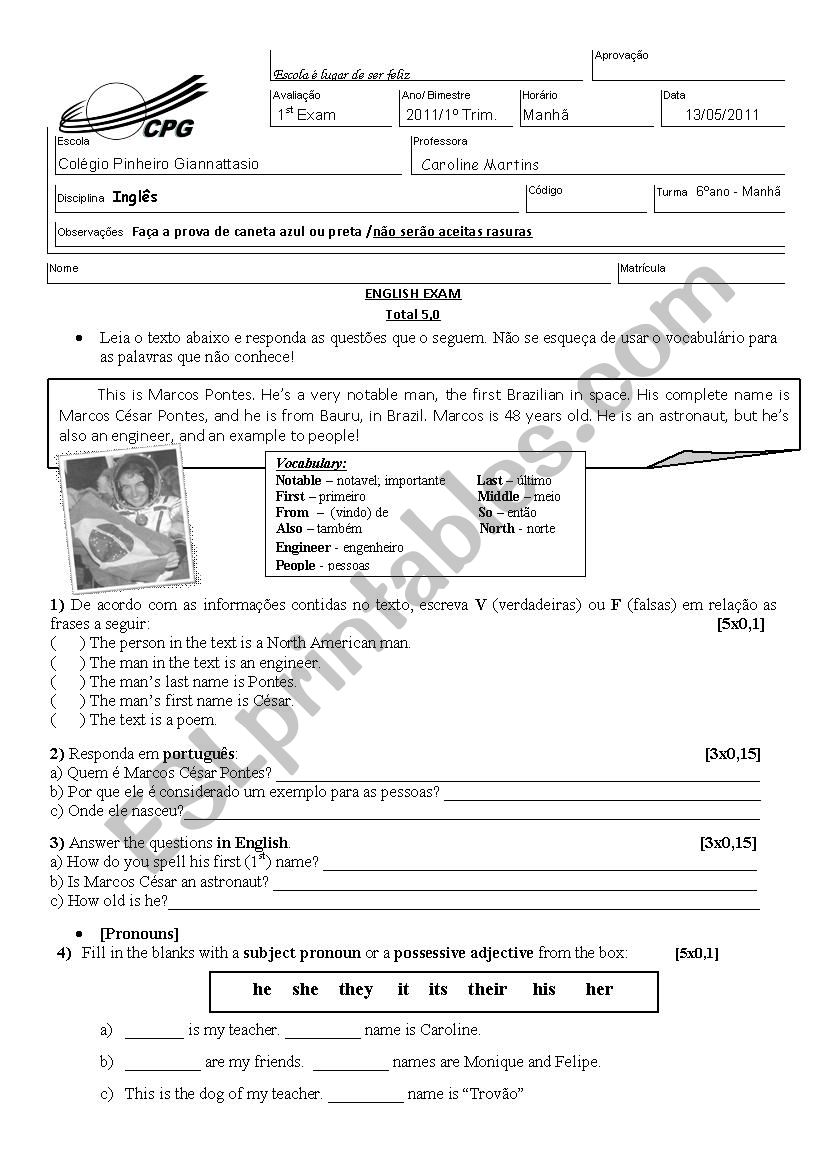 English Exam worksheet