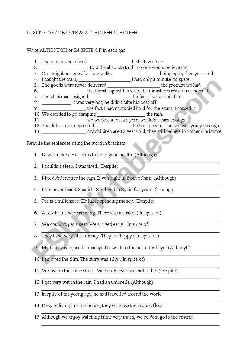 In spite of and although worksheet In spite of and although worksheet
