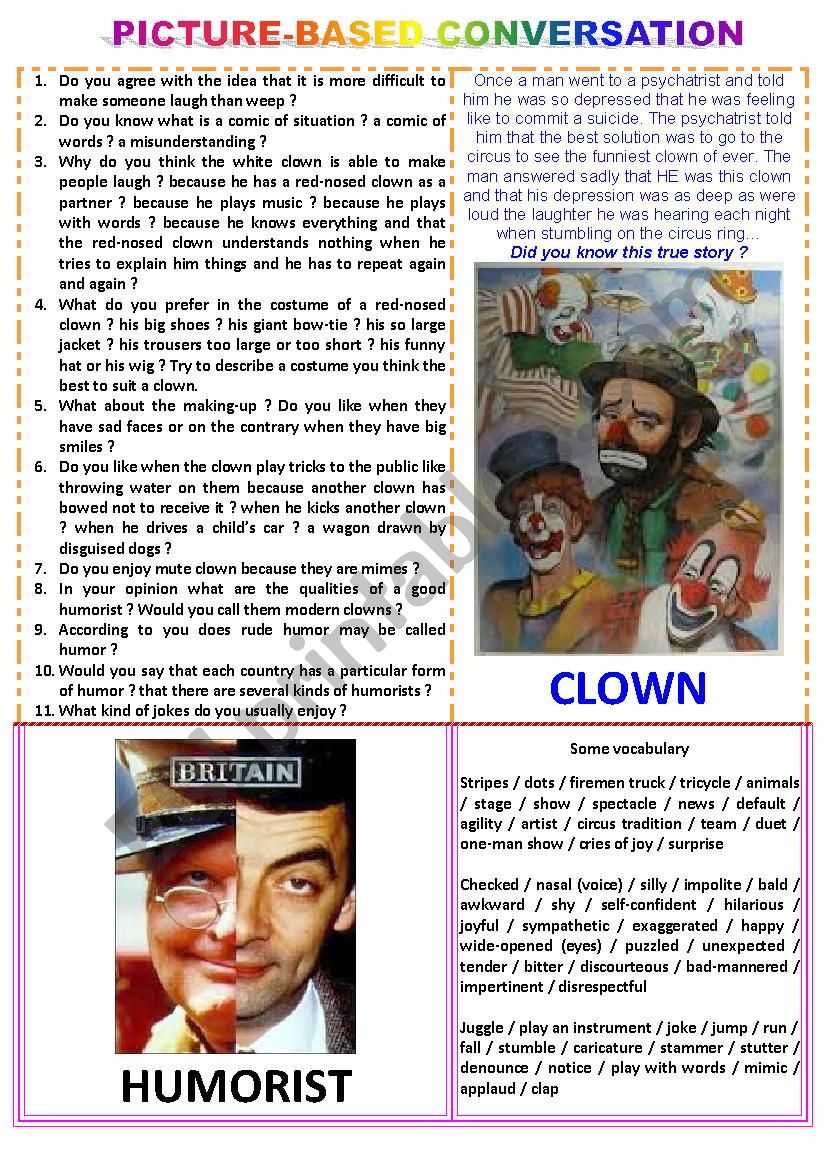 Picture-based conversation : topic 53 - clown vs humorist