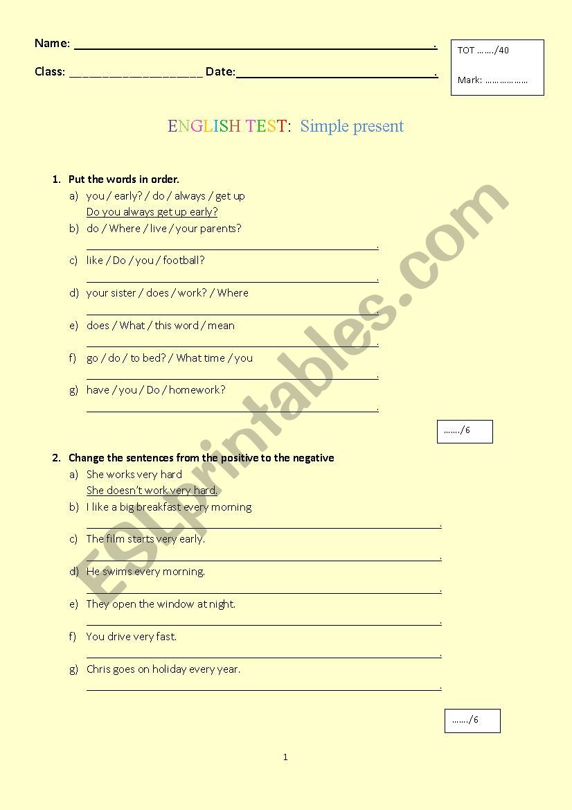 simple present test worksheet