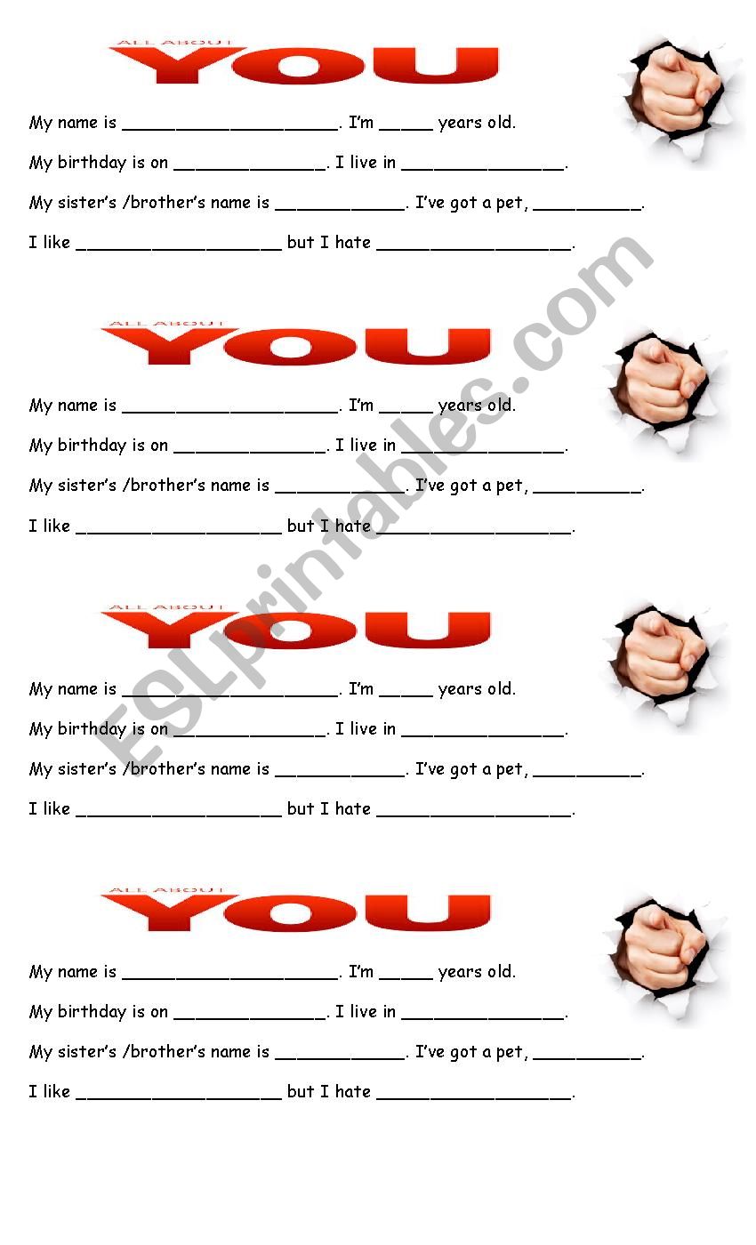 All about you esl worksheet by jor1983