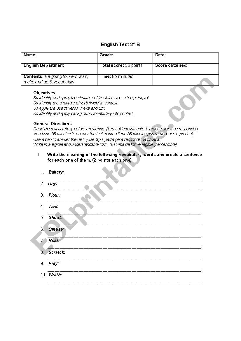 English Test; Be going to, verb wish, make and do & vocabulary.