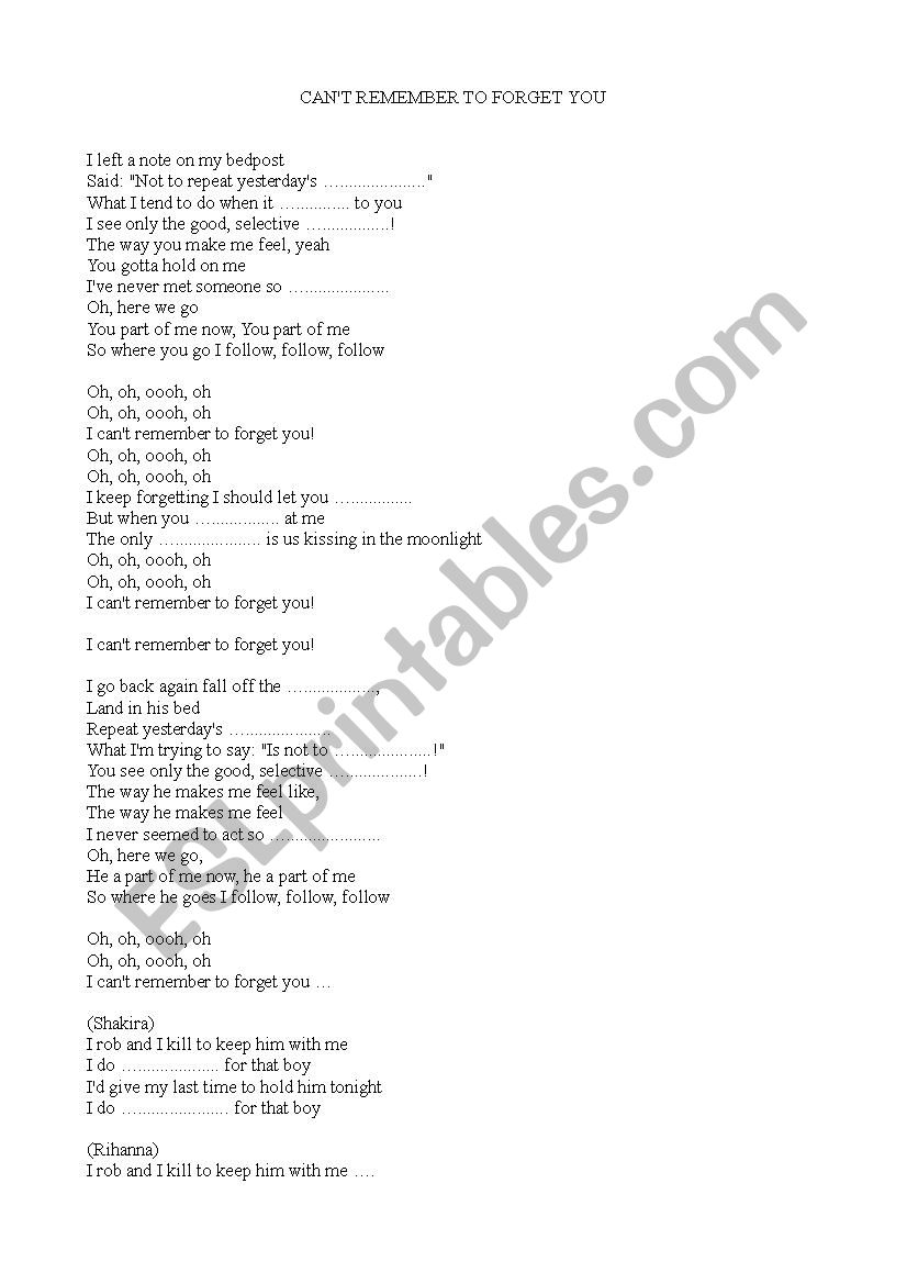 can´t remember to forget you worksheet