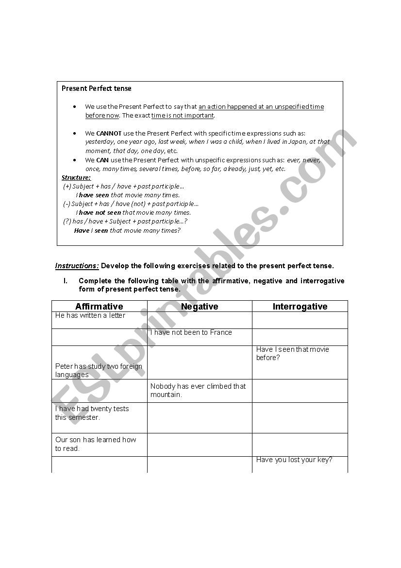 Present perfect tense, worksheet