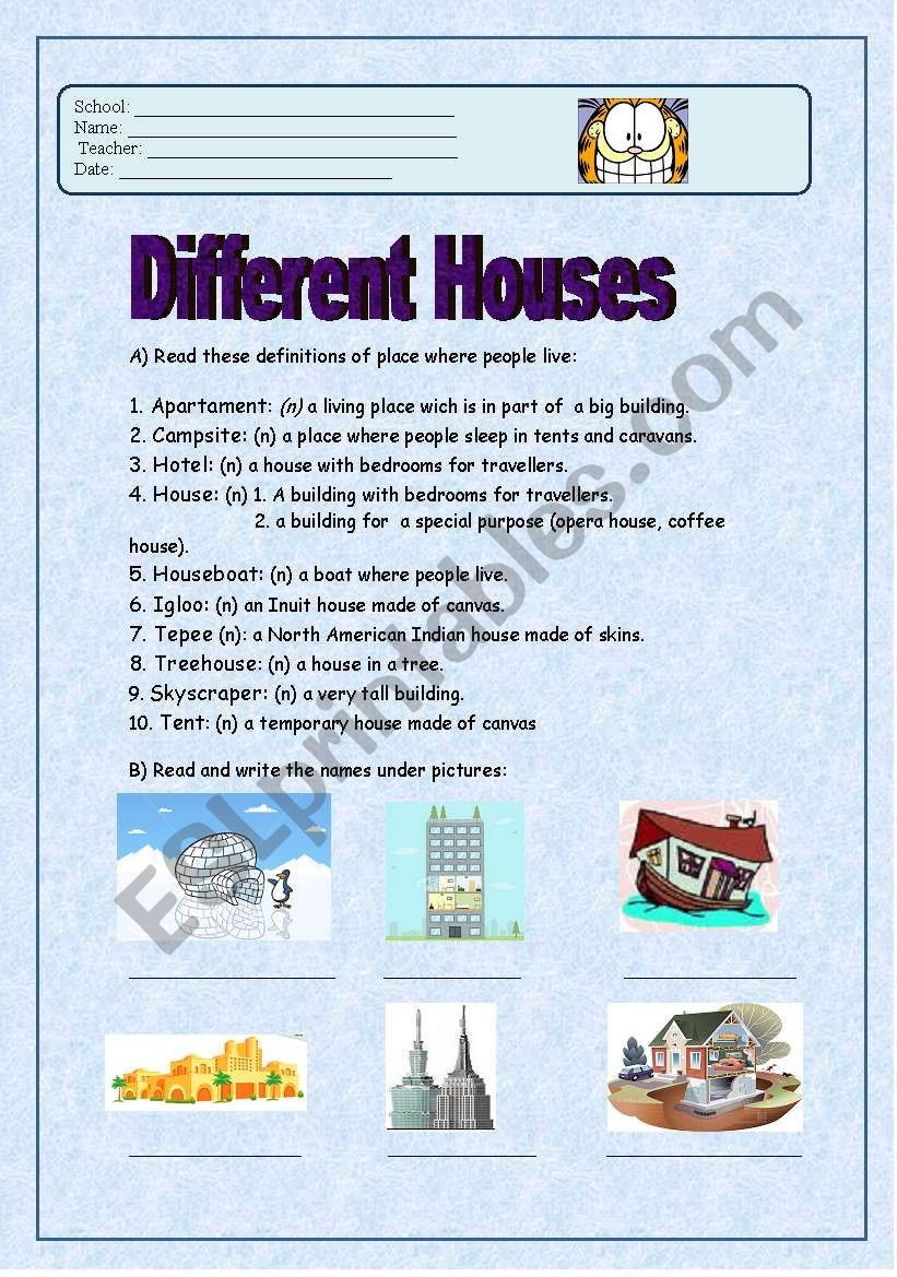 Different houses worksheet