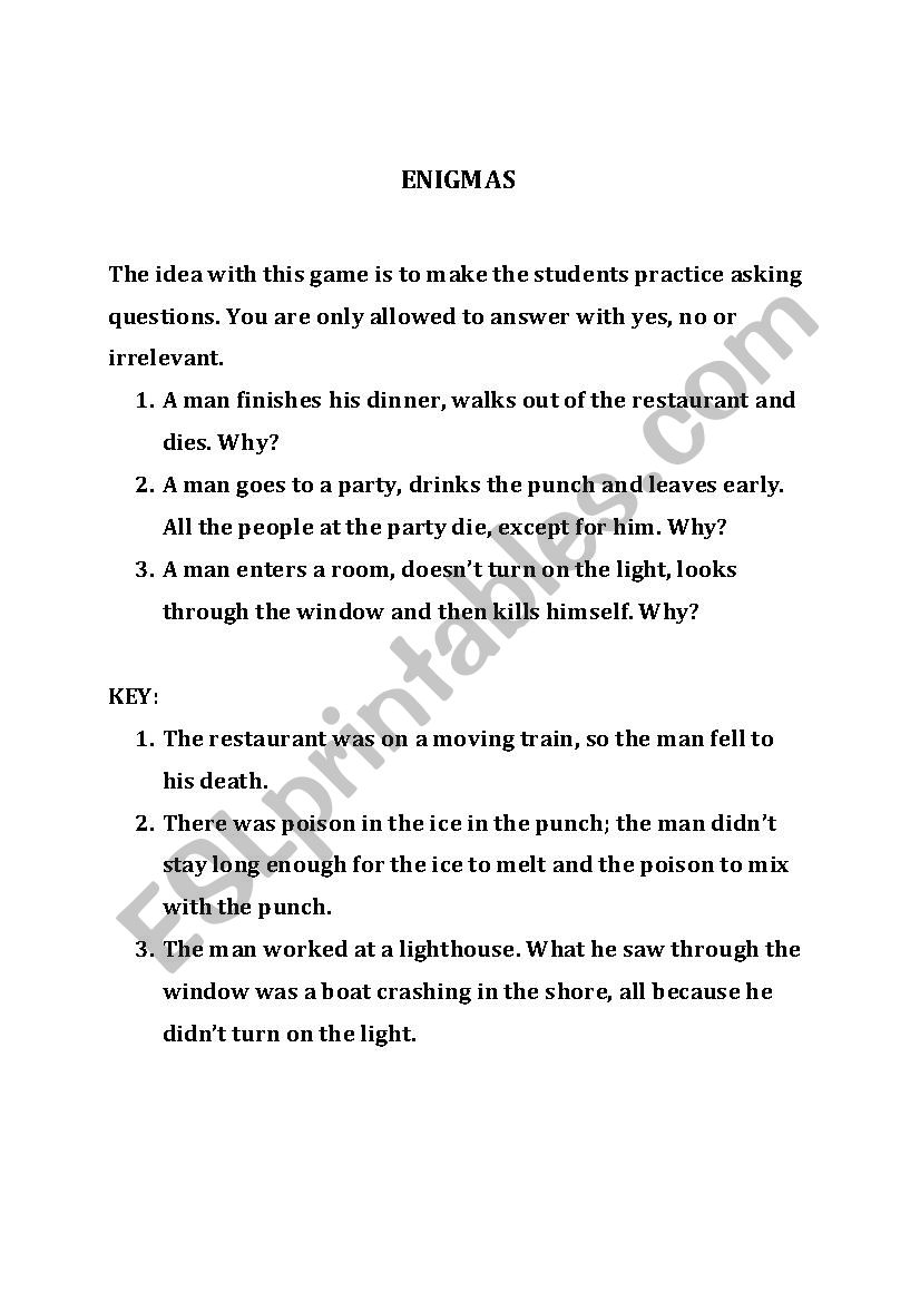 Enigmas - a deduction game worksheet