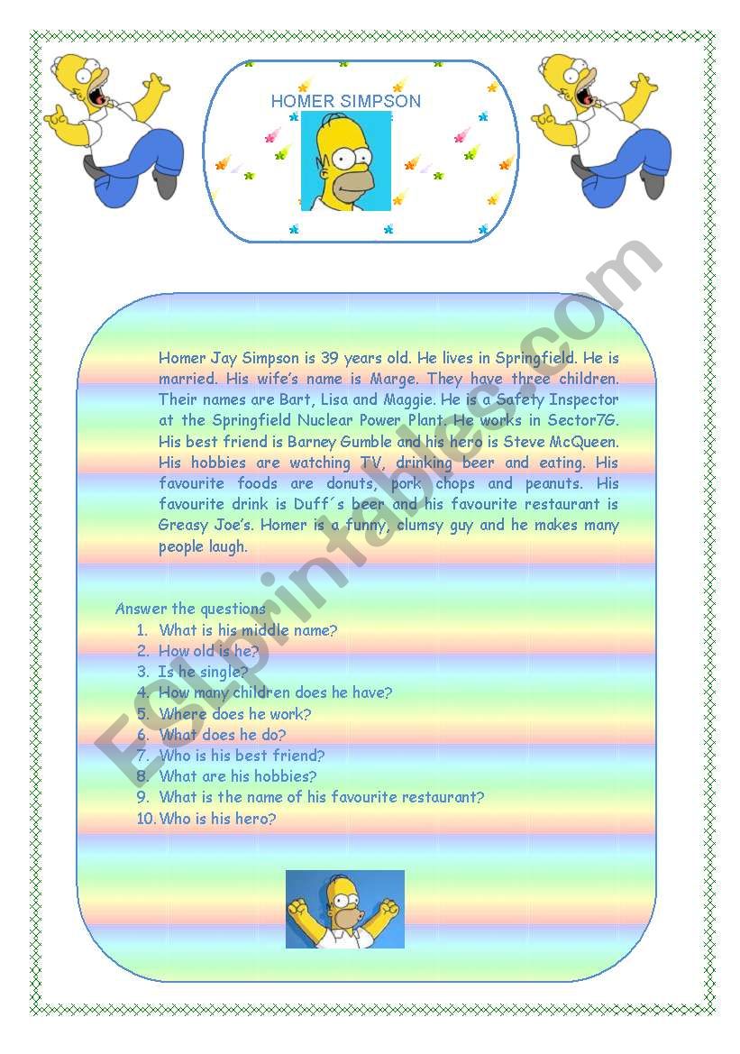 Homer Simpson Profile worksheet