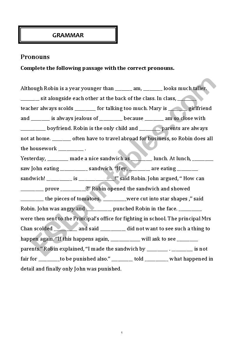 Pronouns worksheet