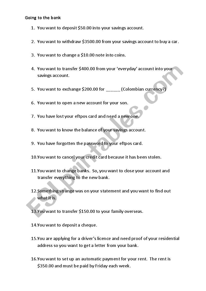 Bank Scenarios worksheet