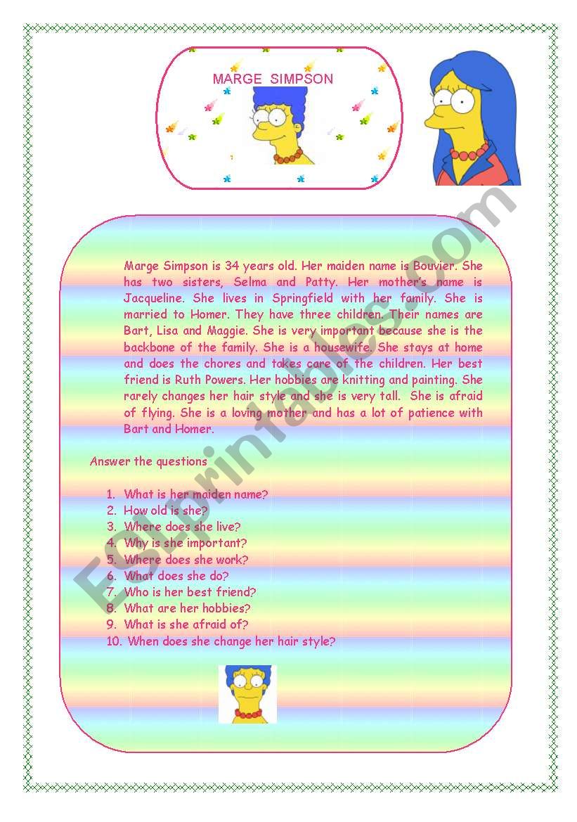 Marge Simpson Profile worksheet