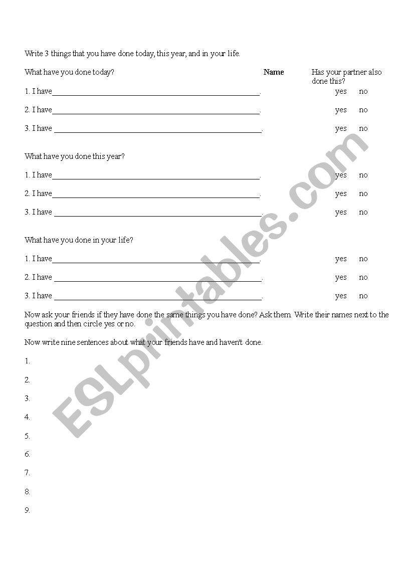 Present Perfect Survey Activity