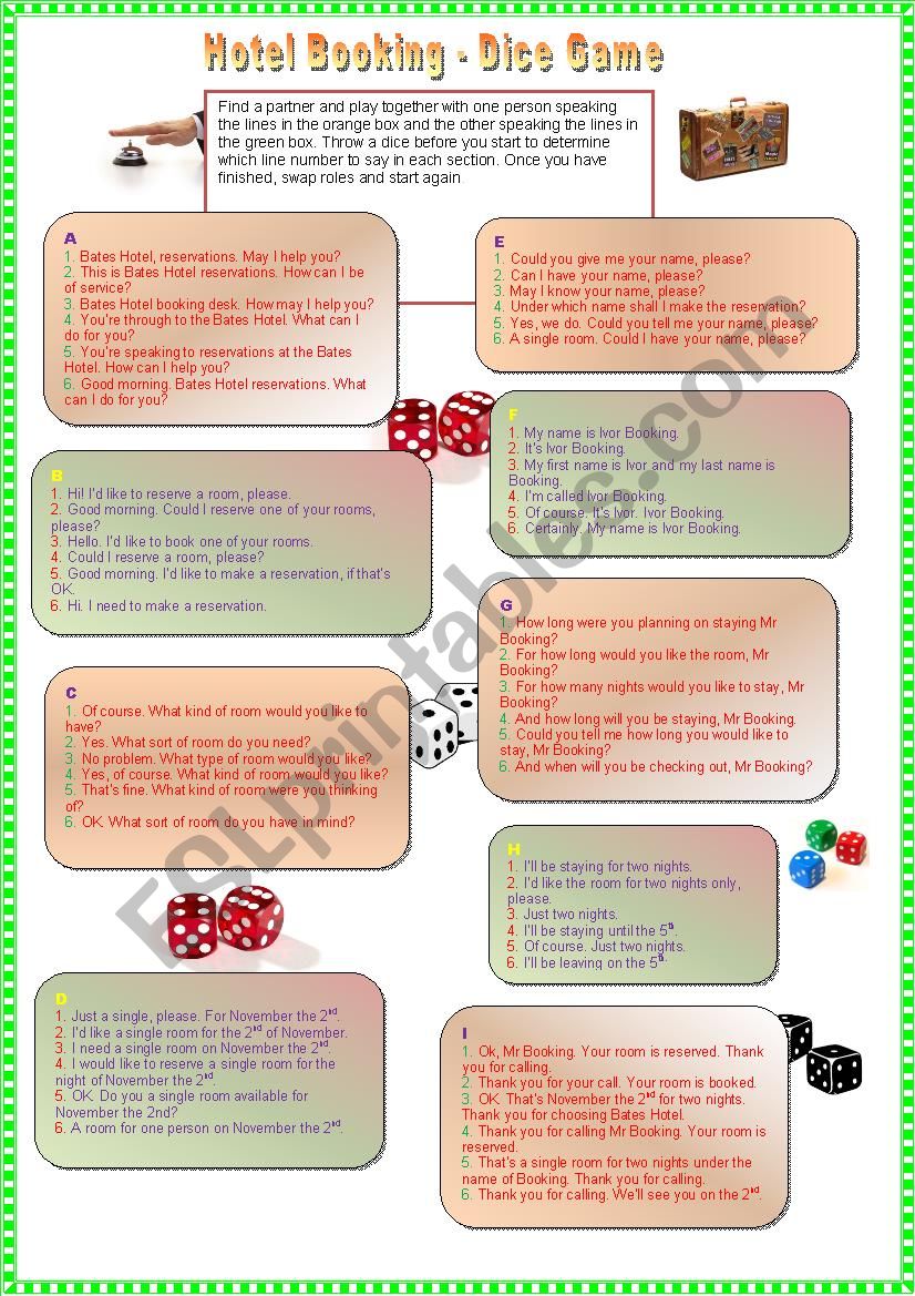 Hotel Booking Dice Game worksheet