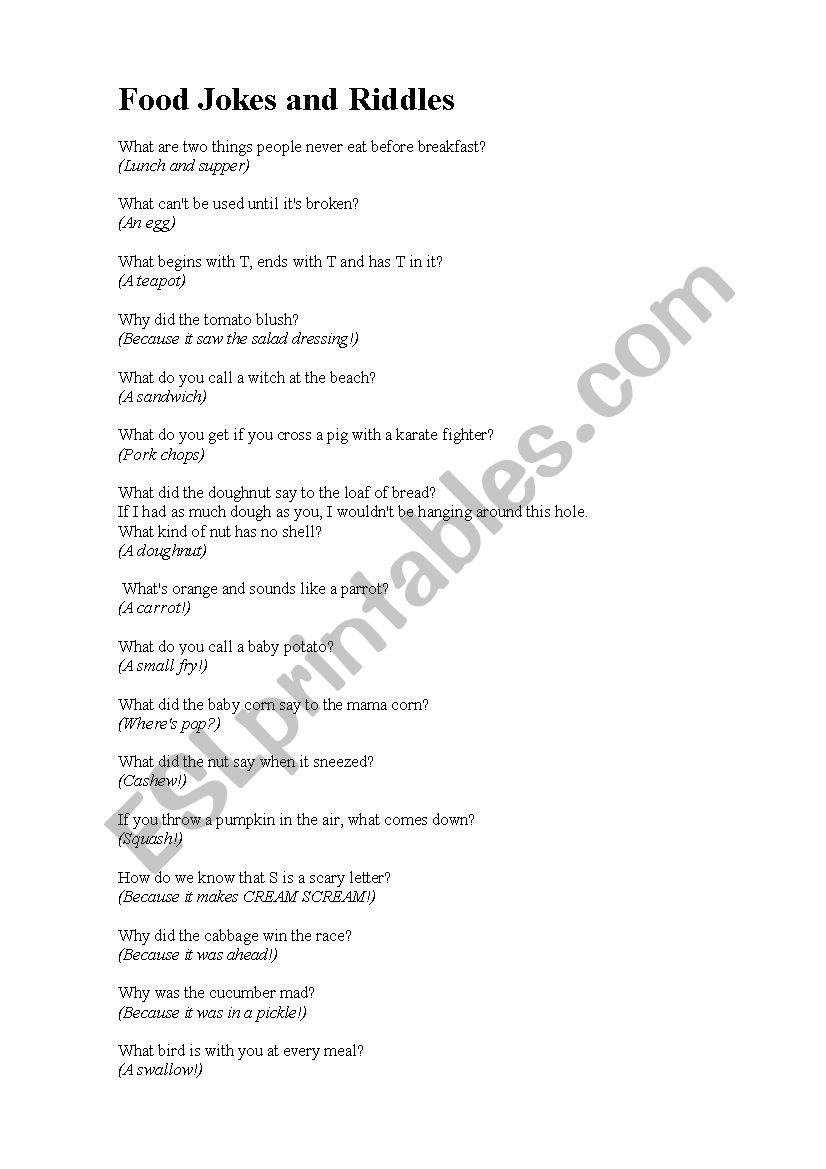 Food riddles and jokes worksheet