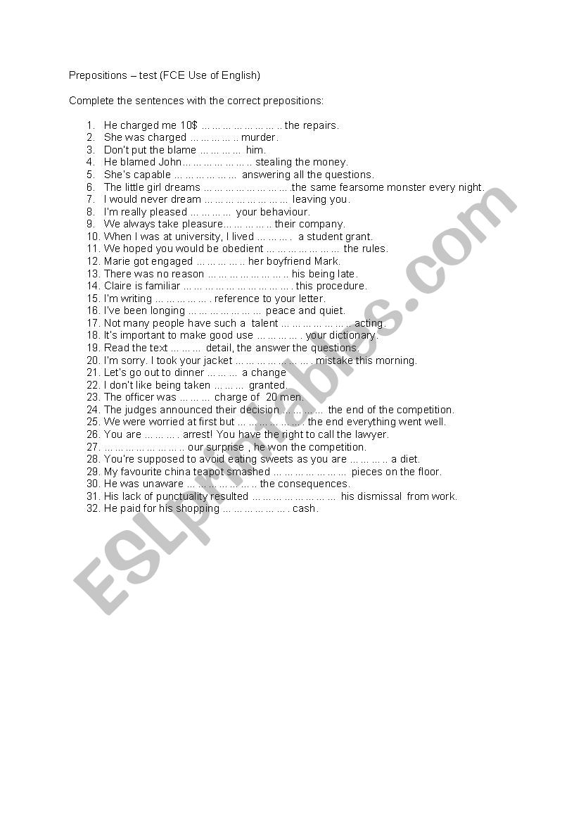 prepositions  advanced worksheet