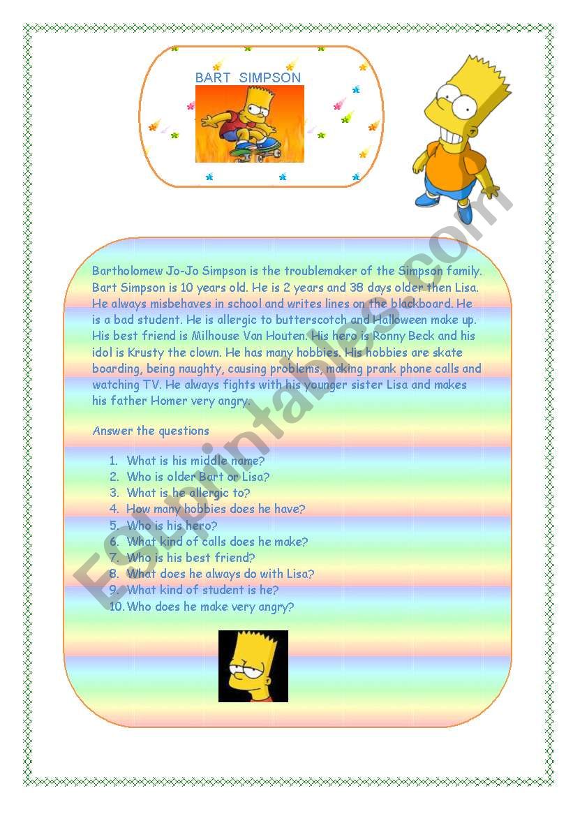 Bart Simpson Profile worksheet