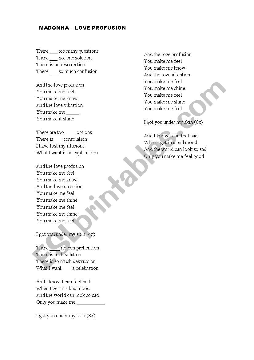 Madonna - Love Profusion worksheet