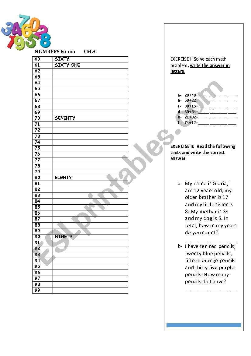 NUMBERS FROM 60/100 worksheet