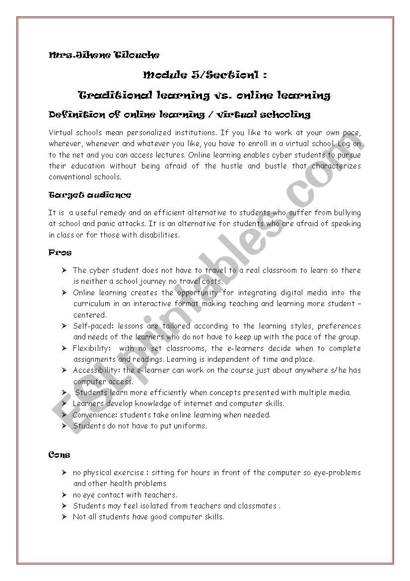 module 5 section 1:tradtional learning vs. online learning