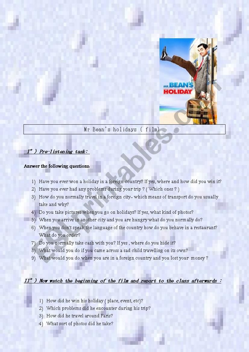 Mr Beans holiday - film worksheet