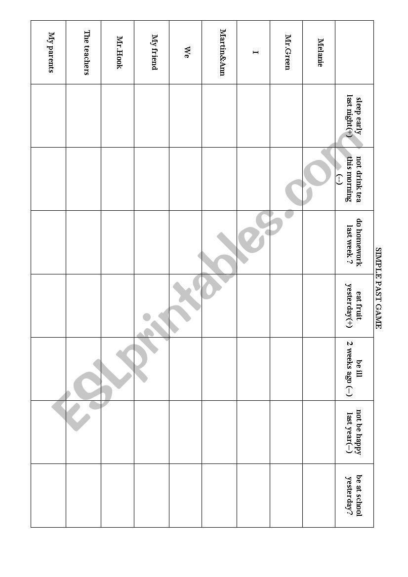 Simple Past Tense Grid worksheet