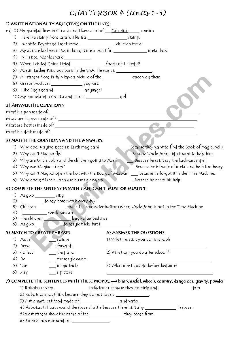 Chatterbox 4 (Units 1-6) Test worksheet