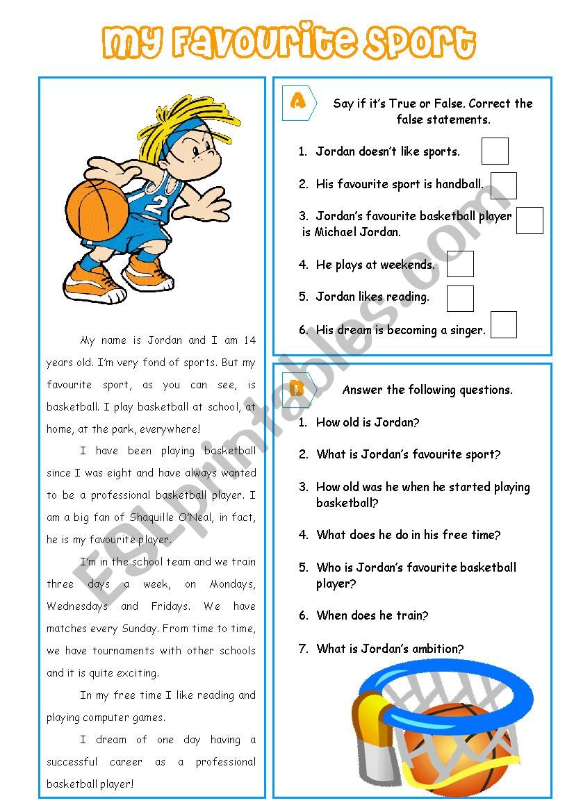 My Favourite Sport - reading worksheet