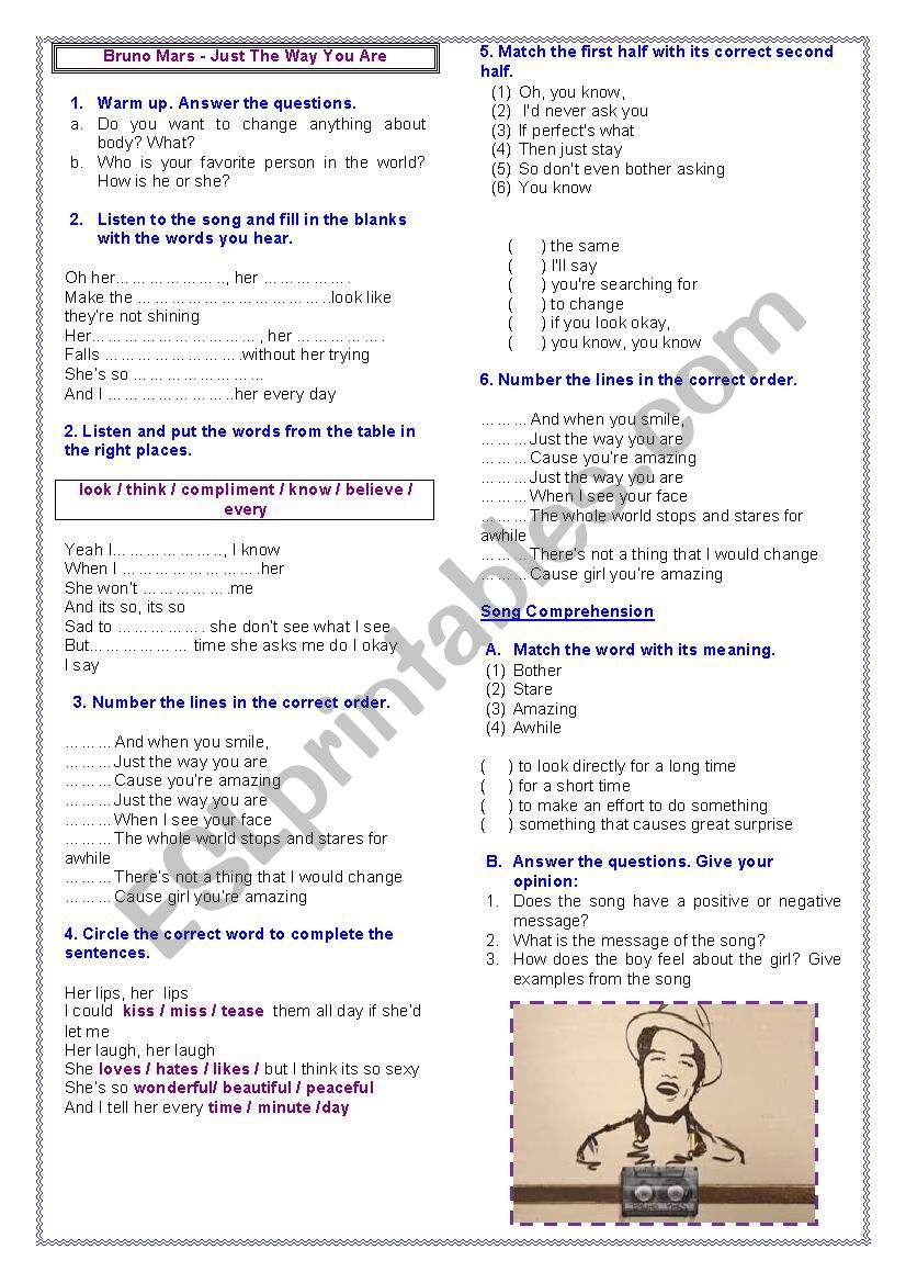 Just the way you are - song worksheet