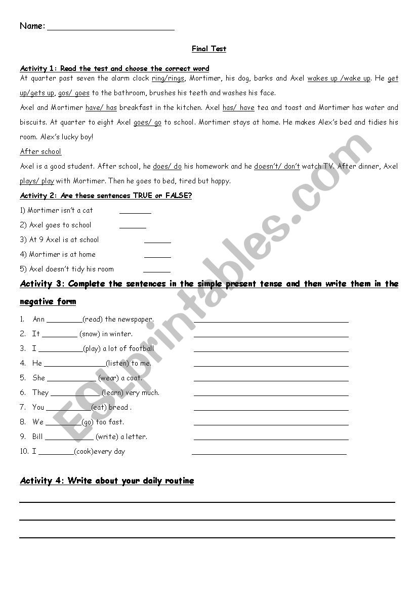 Simple Present Test worksheet