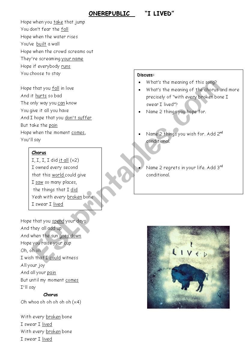 Onerepublic I lived worksheet