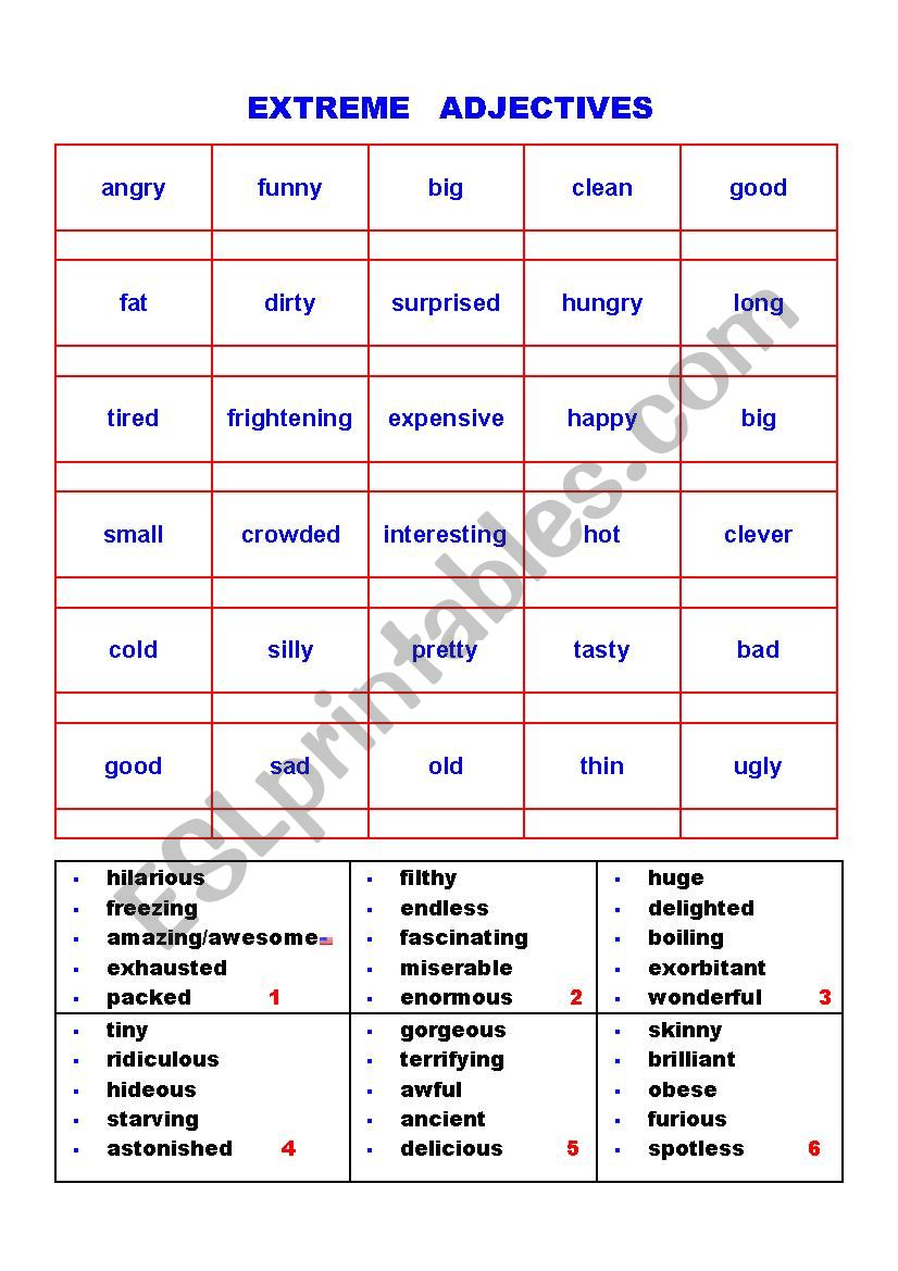 EXTREME ADJECTIVES with KEY worksheet