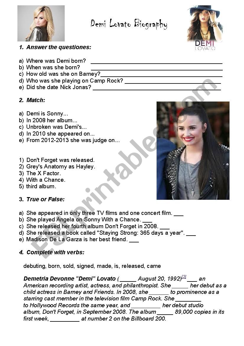 Demi Lovato worksheet