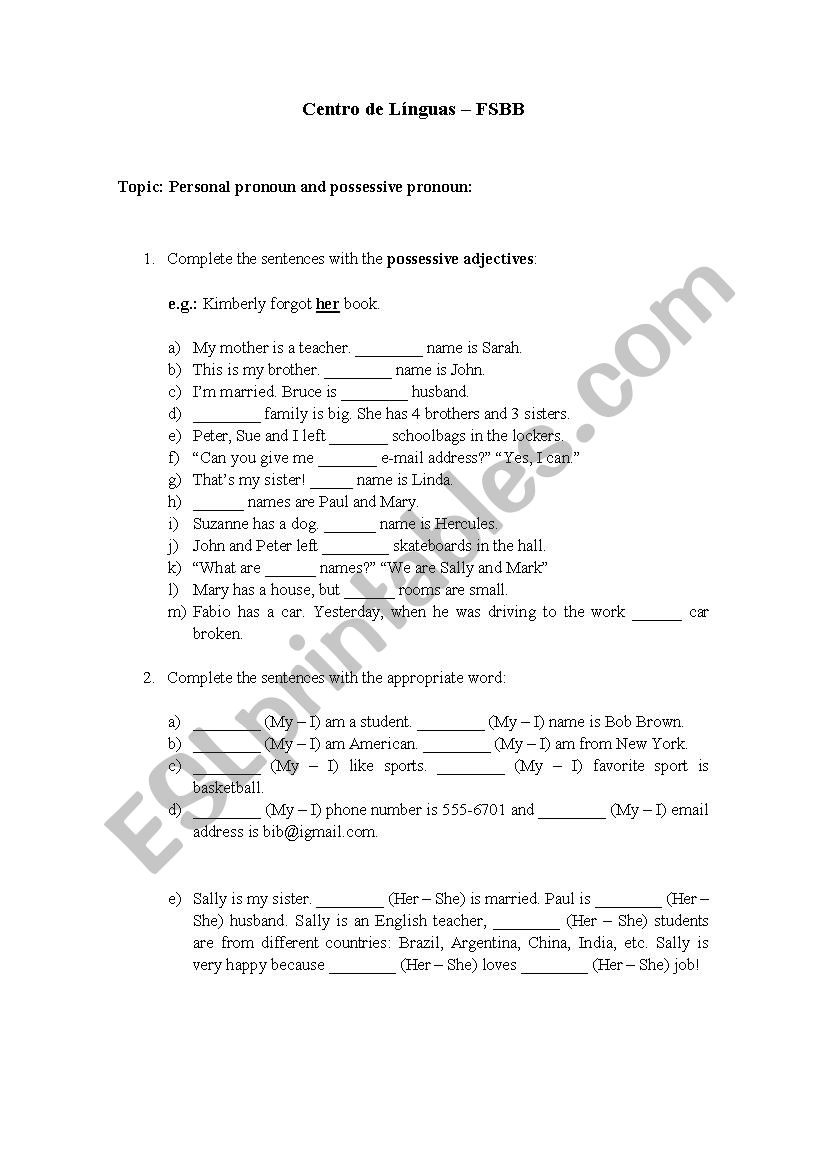 Personal pronoun and possessive adjective